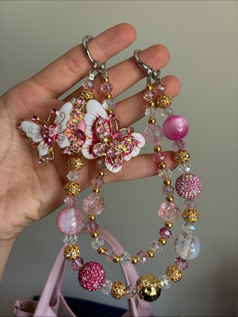 Pink Twin Butterfly Crystal Charm Beaded Bag Chain - Picture 2 of 2